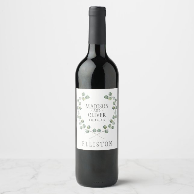 Watercolor Eucalyptus Leaf Frame | Wedding Wine Label (Front)