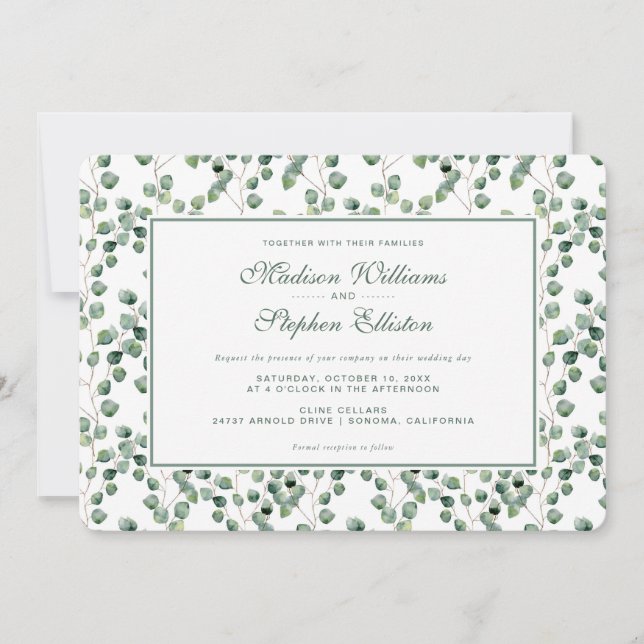 Watercolor Eucalyptus Leaf Pattern - Wedding Invitation (Front)