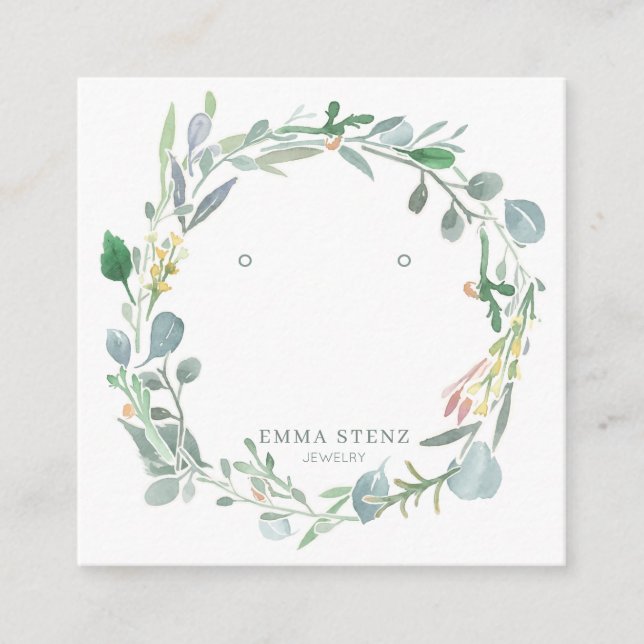 Watercolor Eucalyptus Leafy Wreath Earring Display Square Business Card (Front)