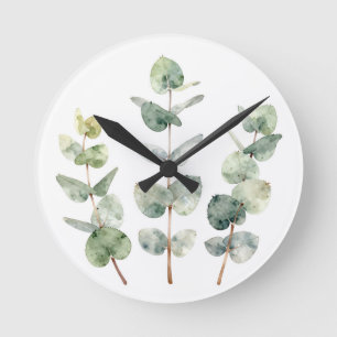 Watercolor Eucalyptus Leaves Botanical Round Clock
