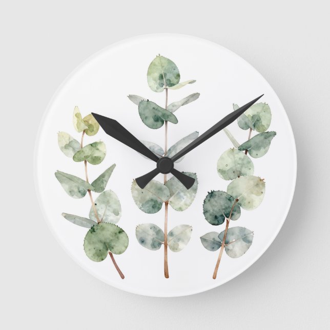 Watercolor Eucalyptus Leaves Botanical Round Clock (Front)