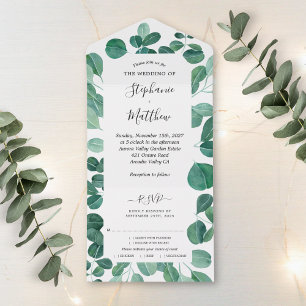 Watercolor Eucalyptus Leaves Botanical Wedding All In One Invitation