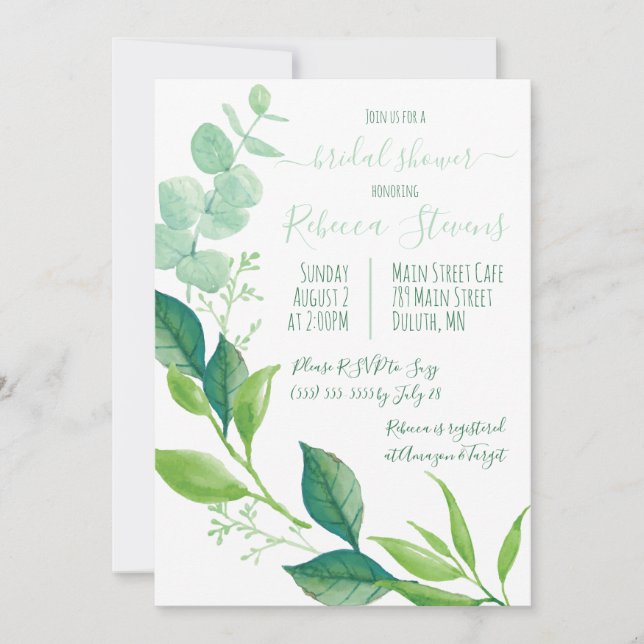 Watercolor Eucalyptus Leaves Bridal Shower  Invitation (Front)