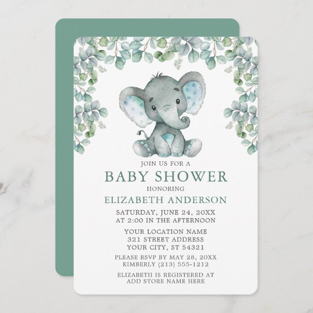 Watercolor Eucalyptus Leaves Elephant Baby Shower Invitation (Front/Back)