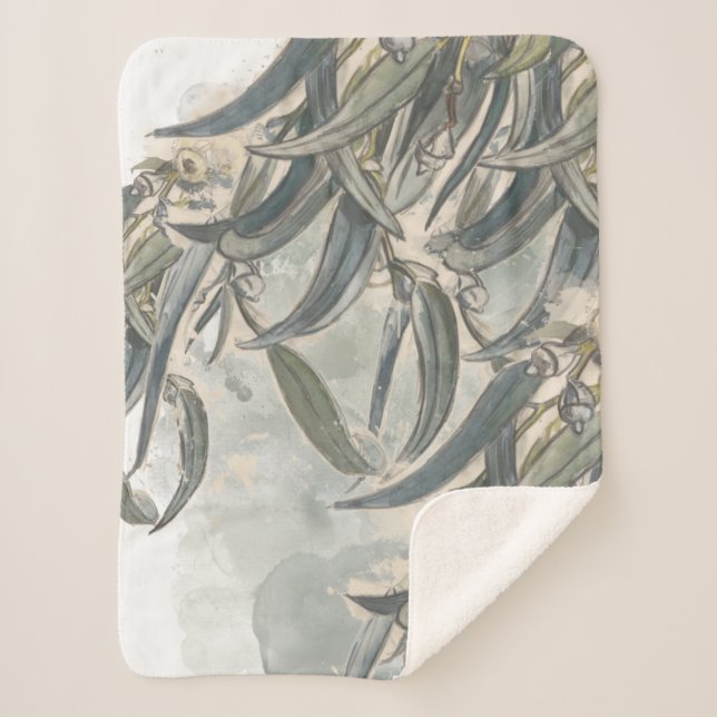 Watercolor Eucalyptus Leaves Greenery   Sherpa Blanket (Front)