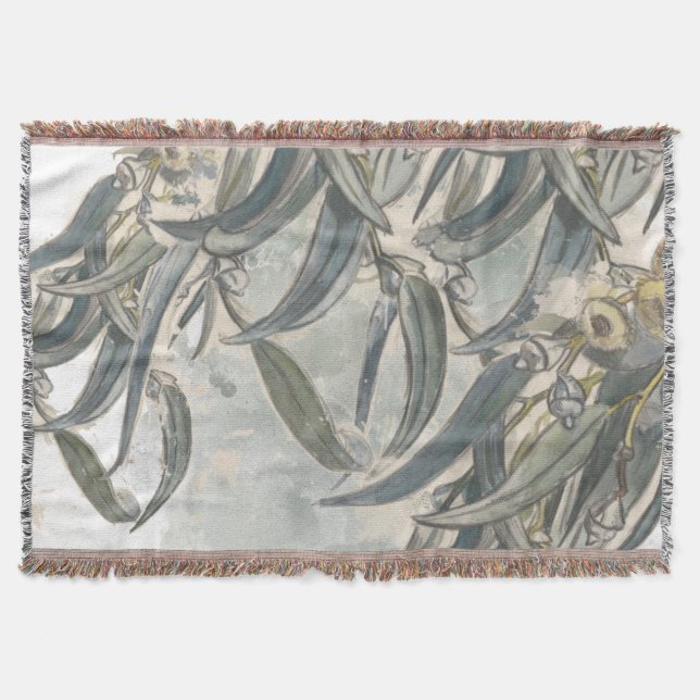 Watercolor Eucalyptus Leaves Greenery Throw Blanket (Front)