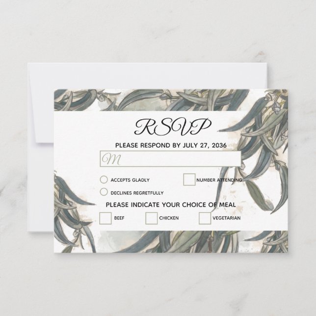 Watercolor Eucalyptus Leaves Greenery Wedding  RSVP Card (Front)