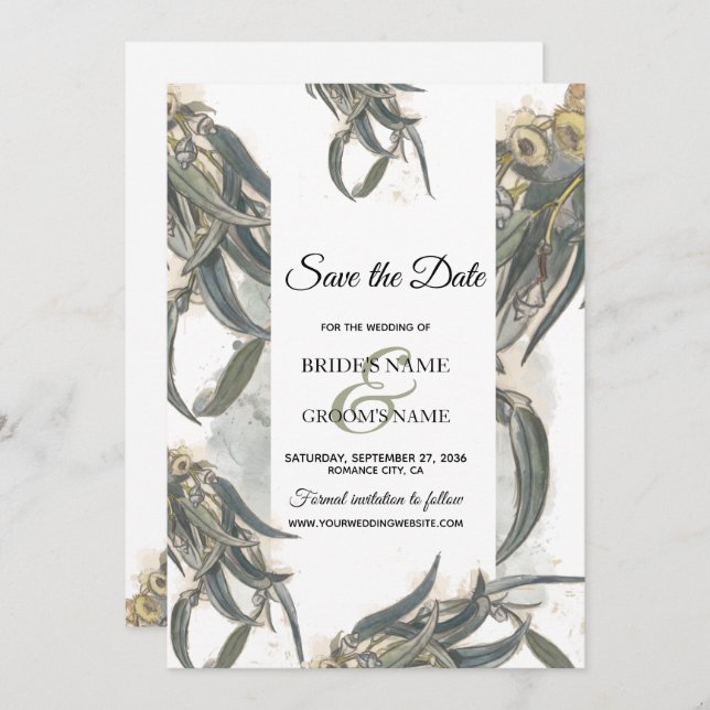 Watercolor Eucalyptus Leaves Greenery Wedding Save The Date (Front/Back)