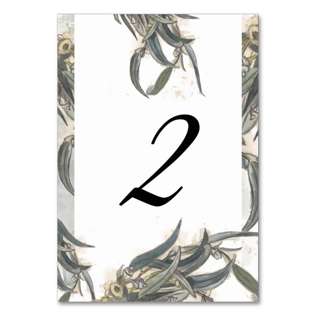 Watercolor Eucalyptus Leaves Greenery Wedding Table Number (Front)