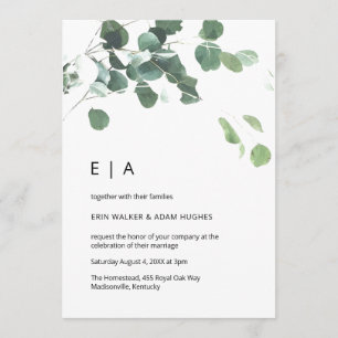 Watercolor eucalyptus leaves modern font wedding invitation