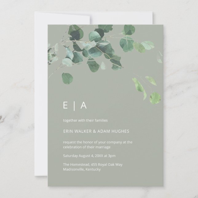 Watercolor eucalyptus leaves modern green wedding invitation (Front)