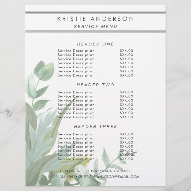 Watercolor Eucalyptus Leaves Pricing & Services Flyer (Front)