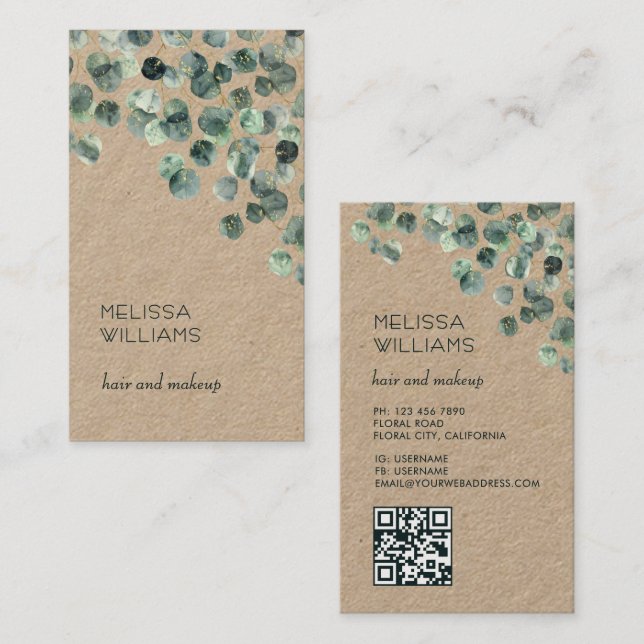 Watercolor Eucalyptus Leaves | Qr Code Rustic Business Card (Front/Back)