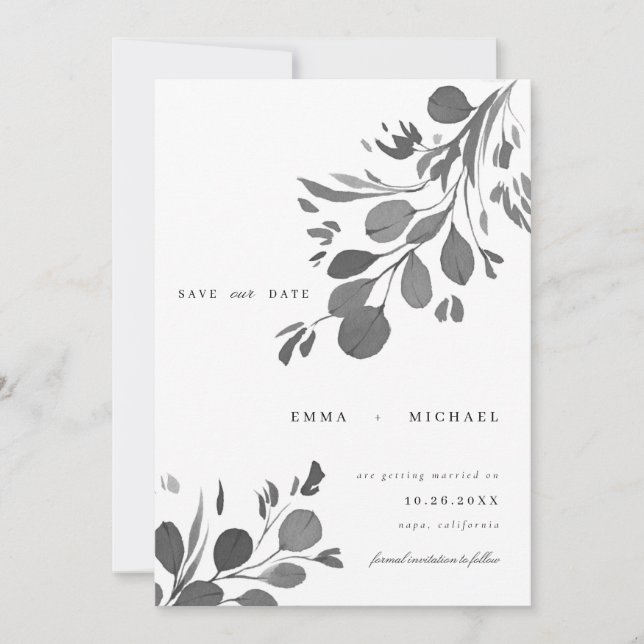 Watercolor Eucalyptus Leaves Save the Date Card (Front)