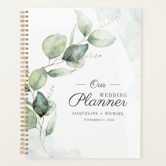 Watercolor Eucalyptus Leaves Script Floral Wedding Planner (Front)