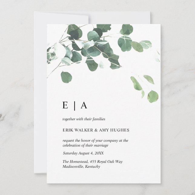 Watercolor eucalyptus leaves wedding invitation (Front)