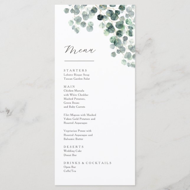 Watercolor Eucalyptus Leaves Wedding Menu (Front)