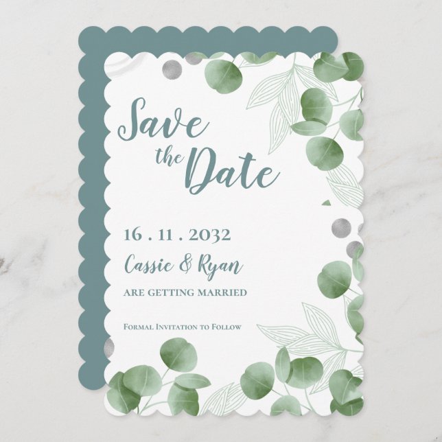 Watercolor Eucalyptus Leaves Wedding Save the Date (Front/Back)