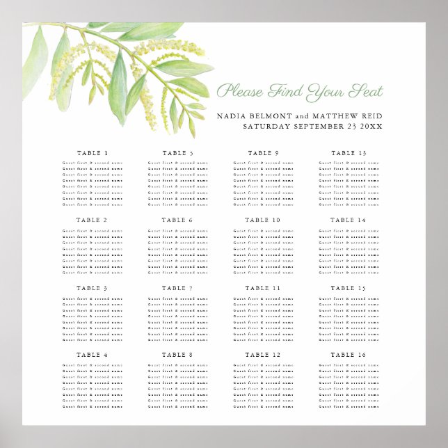 Watercolor eucalyptus leaves wedding seating chart (Front)
