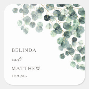 Watercolor Eucalyptus Leaves   Wedding Square Sticker