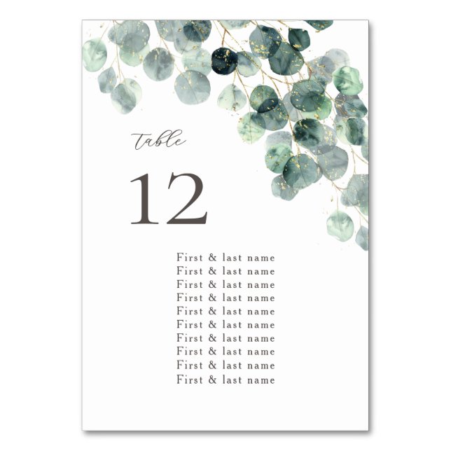 Watercolor Eucalyptus Leaves Wedding Table Number (Front)