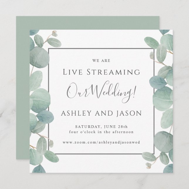 Watercolor Eucalyptus Live Streaming Wedding Invitation (Front/Back)