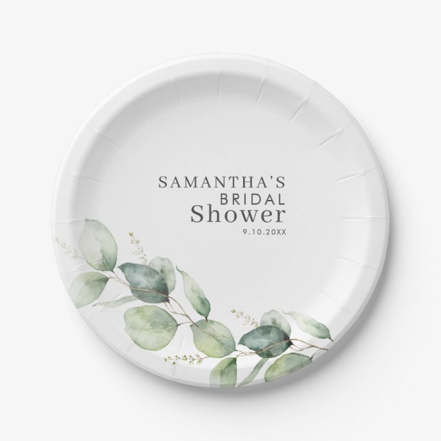 Watercolor Eucalyptus Minimalist Bridal Shower Paper Plate (Front)