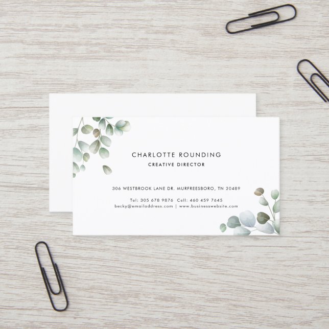 Watercolor Eucalyptus Modern Business Card (Front/Back In Situ)