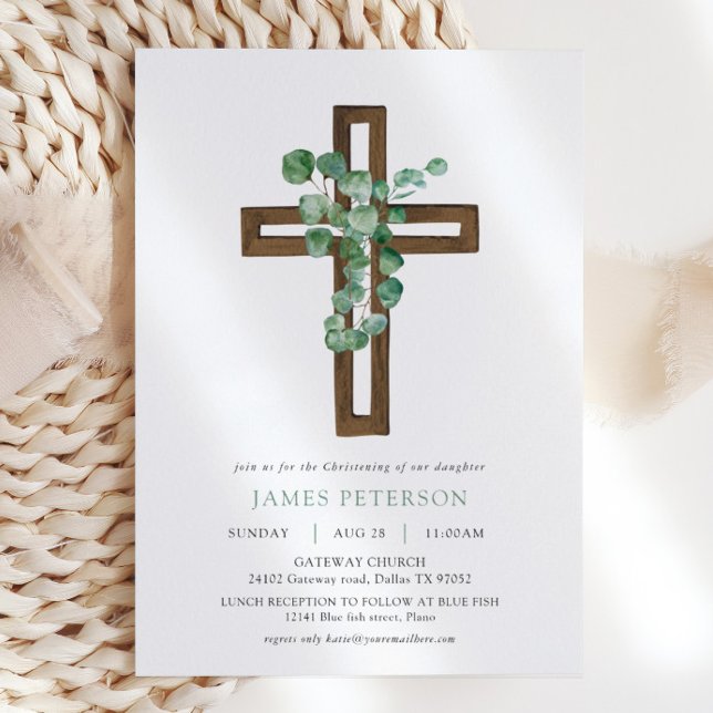 Watercolor Eucalyptus Modern Cross Christening Invitation (Creator Uploaded)