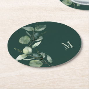 Watercolor Eucalyptus Monogram Modern Custom Round Paper Coaster