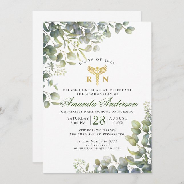 Watercolor Eucalyptus Nursing School Graduation Invitation (Front/Back)