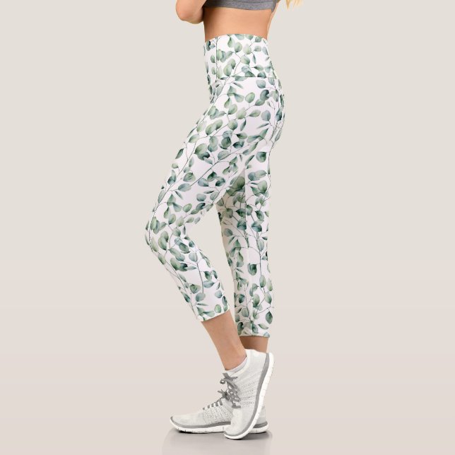 Watercolor Eucalyptus Pattern Capri Leggings (Left)