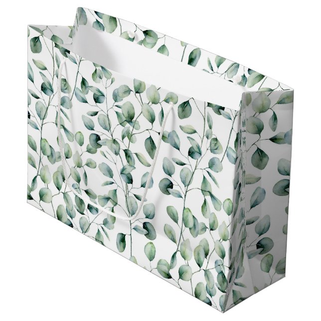 Watercolor Eucalyptus Pattern Large Gift Bag (Front Angled)