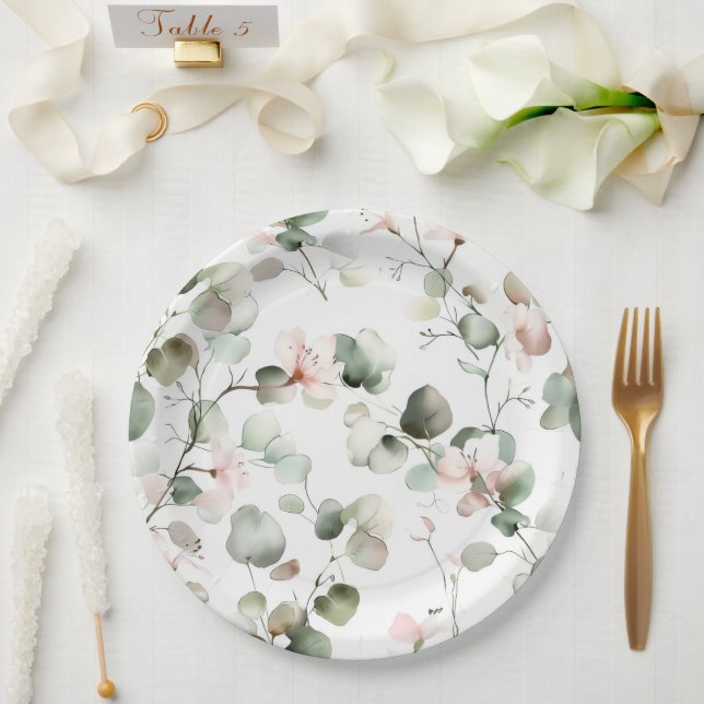 Watercolor Eucalyptus Pattern Paper Plate (Wedding)