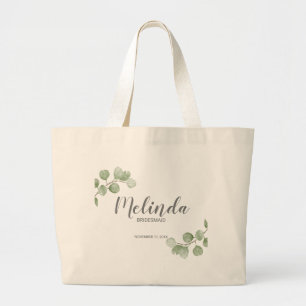 Watercolor Eucalyptus Personalised Bridesmaid Name Large Tote Bag