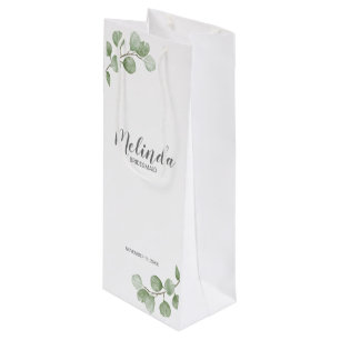 Watercolor Eucalyptus Personalised Bridesmaid Name Wine Gift Bag