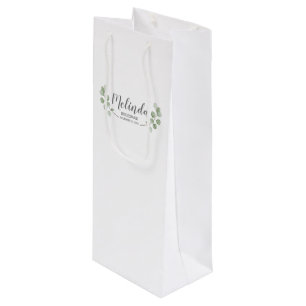 Watercolor Eucalyptus Personalized Bridesmaid Name Wine Gift Bag