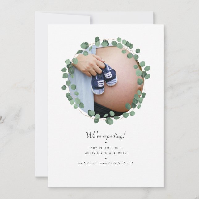 Watercolor Eucalyptus Photo Pregnancy Announcement (Front)