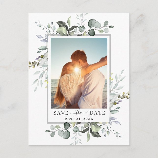 Watercolor Eucalyptus PHOTO Wedding Save the Date Announcement Postcard (Front)