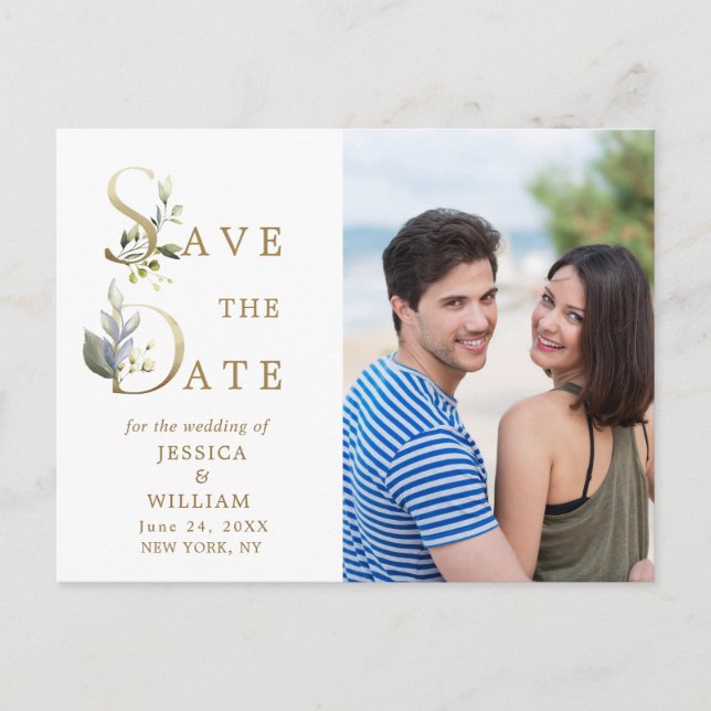 Watercolor Eucalyptus PHOTO Wedding Save the Date Announcement Postcard (Front)