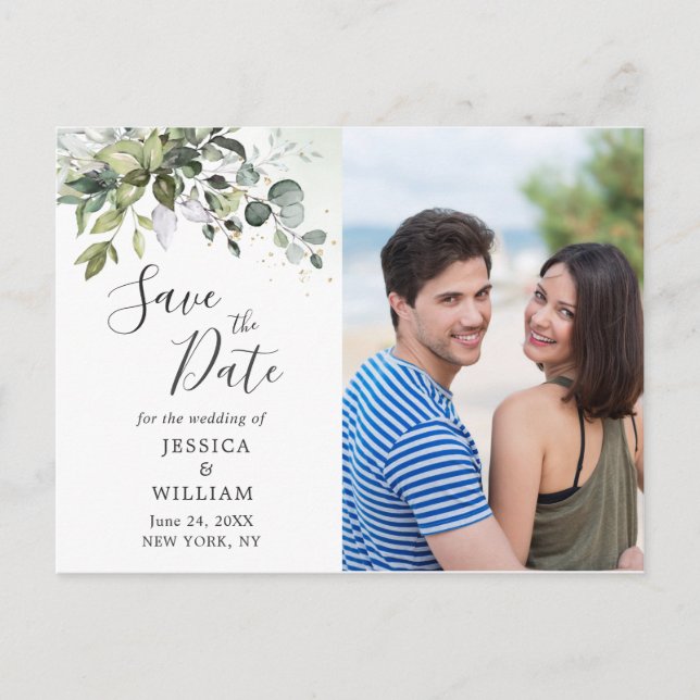 Watercolor Eucalyptus PHOTO Wedding Save the Date Announcement Postcard (Front)