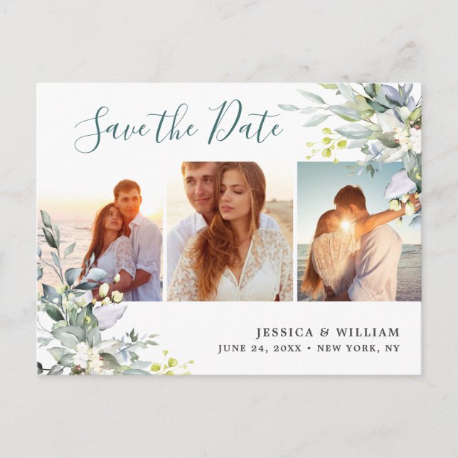 Watercolor Eucalyptus PHOTO Wedding Save the Date Announcement Postcard (Front)