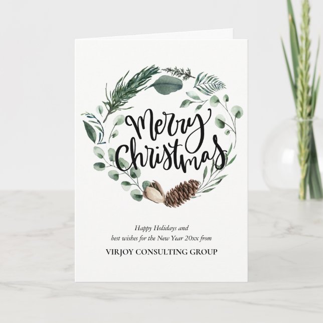 Watercolor Eucalyptus Pine Cone Foliage Business Holiday Card (Front)