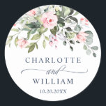 Watercolor Eucalyptus Pink Roses Wedding Thank You Classic Round Sticker<br><div class="desc">This high-quality design is easy to customise to match your wedding colours,  styles and theme.
For further customisation,  please click the "customise further" link and use our design tool to modify this template. 
If you need help or matching items,  please contact me.</div>