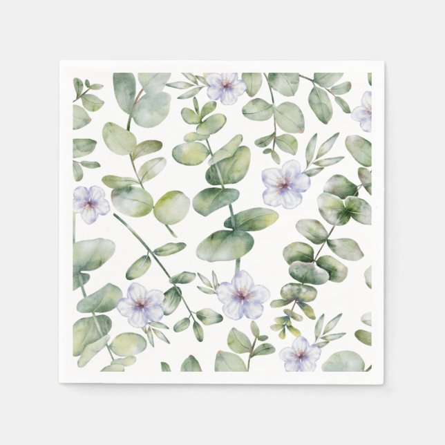 Watercolor Eucalyptus & Purple Flower Pattern  Napkin (Front)