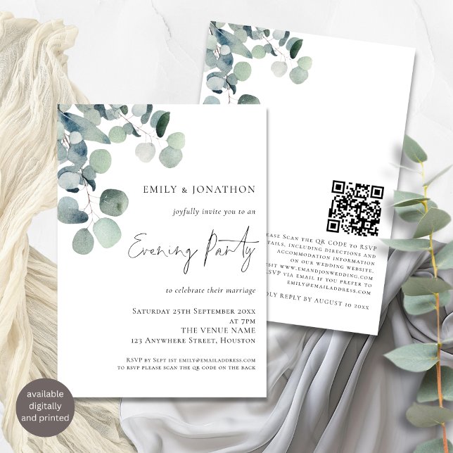 Watercolor Eucalyptus QR Code Wedding Evening Invitation (Front and back view)