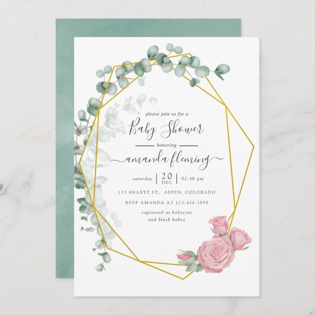 Watercolor Eucalyptus Rose Geometric Baby Shower Invitation (Front/Back)