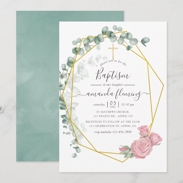 Watercolor Eucalyptus Rose Geometric Baptism Invitation (Front/Back)