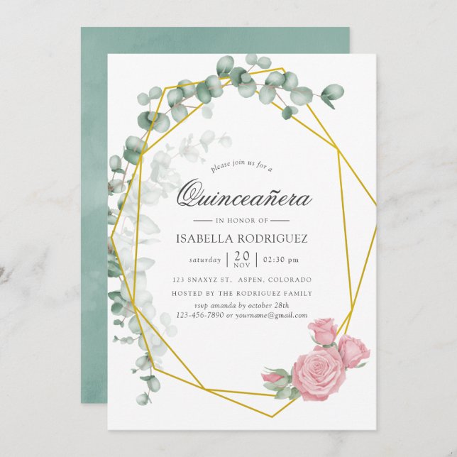 Watercolor Eucalyptus Rose Geometric Quinceañera Invitation (Front/Back)