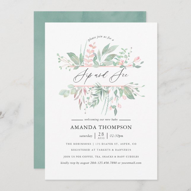 Watercolor Eucalyptus Rose Geometric Sip and See Invitation (Front/Back)